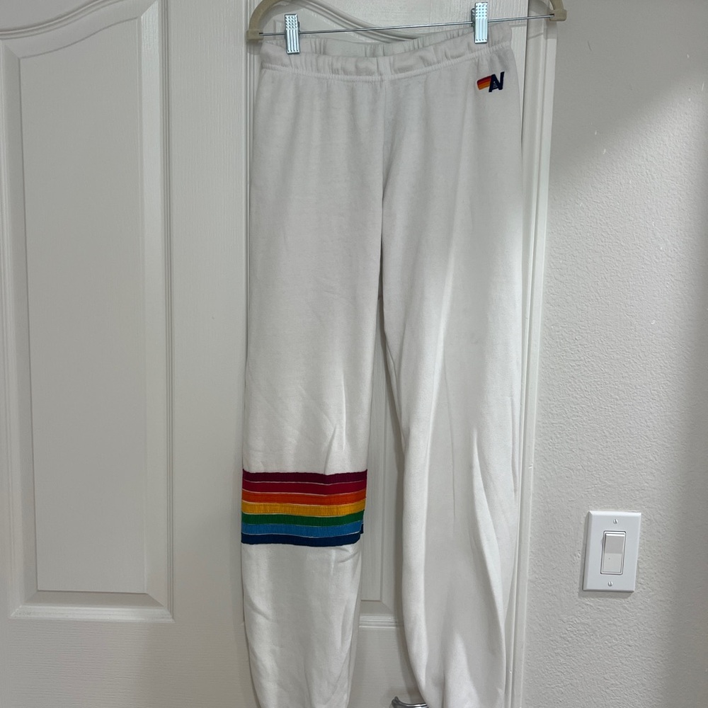 Aviator Nation White and Red Sweatpants with Rainbow Stripes